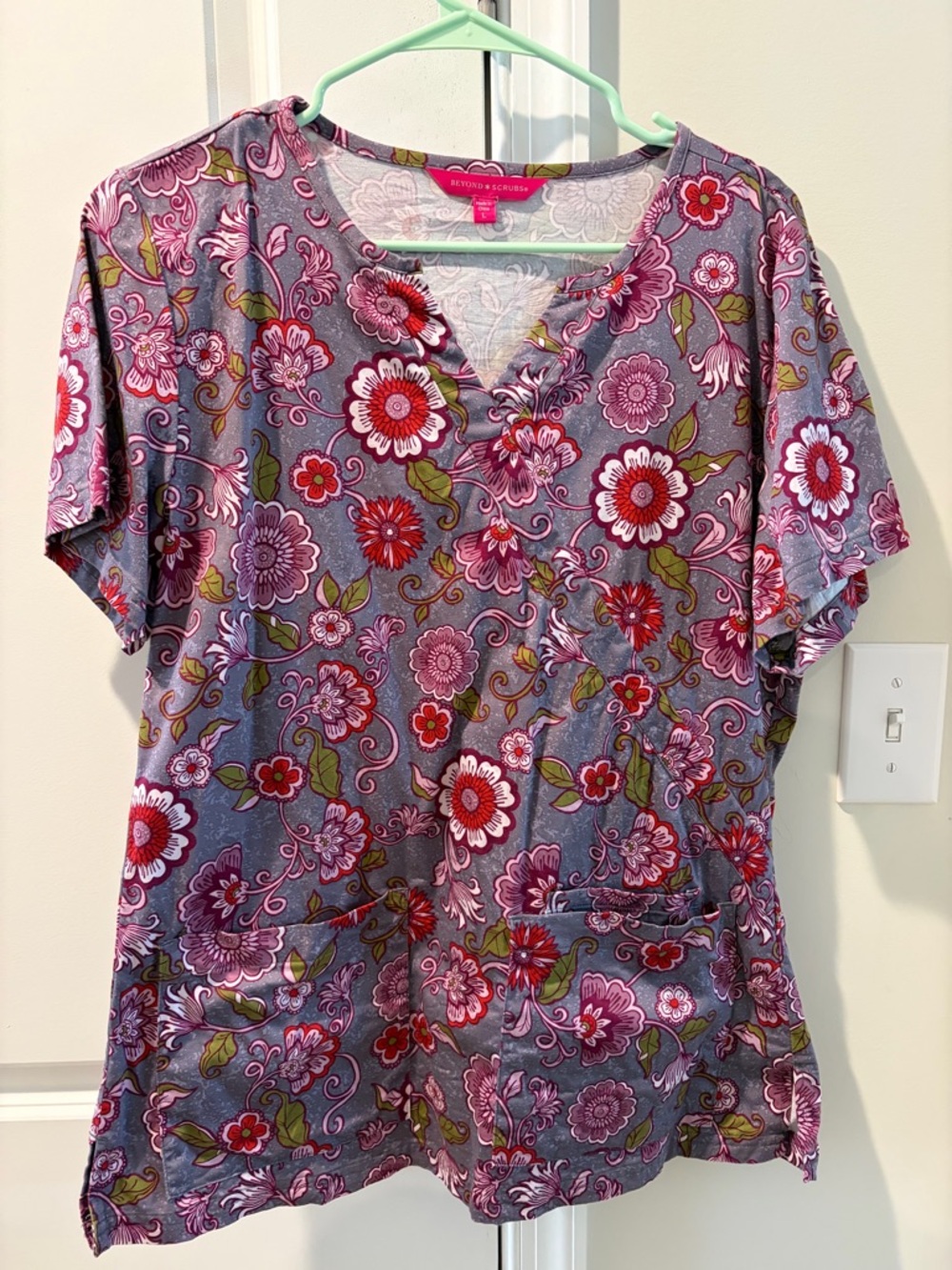Women's Floral V-Neck Tunic Top in Purple by Beyond Scrubs